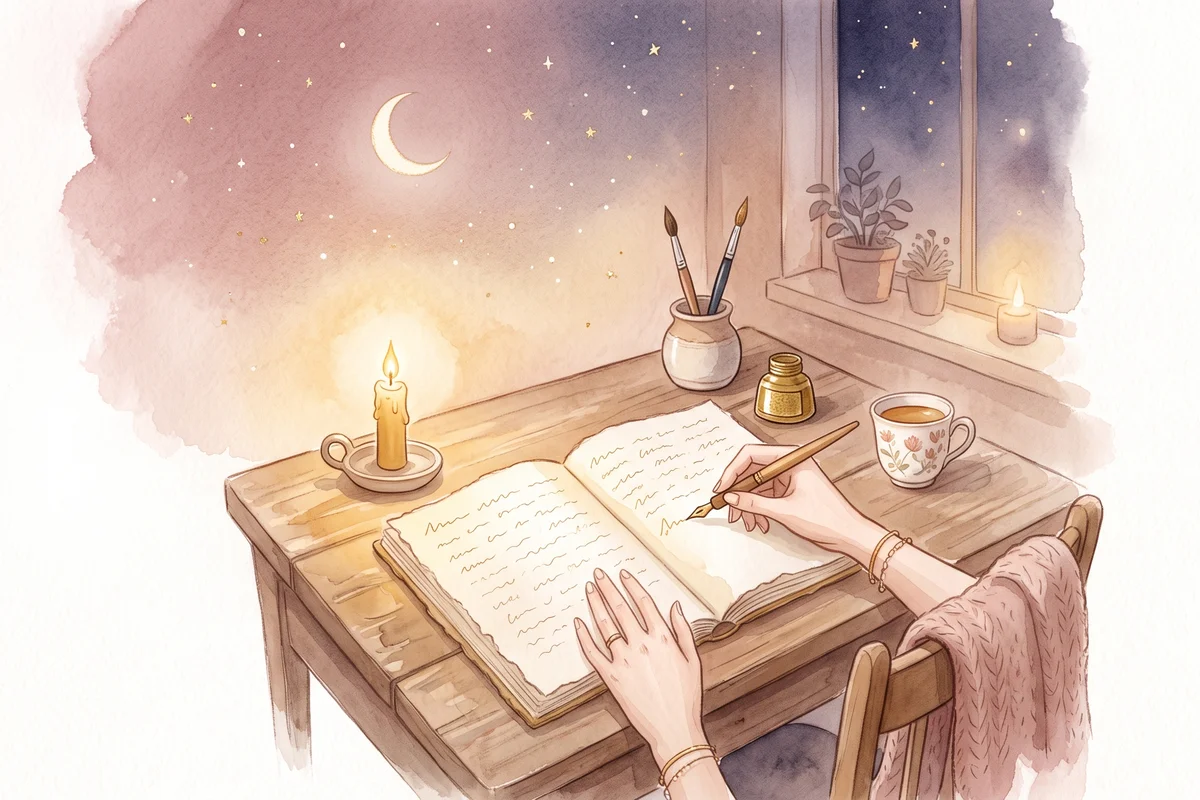新月の夜に願い事をノートに書くイメージ